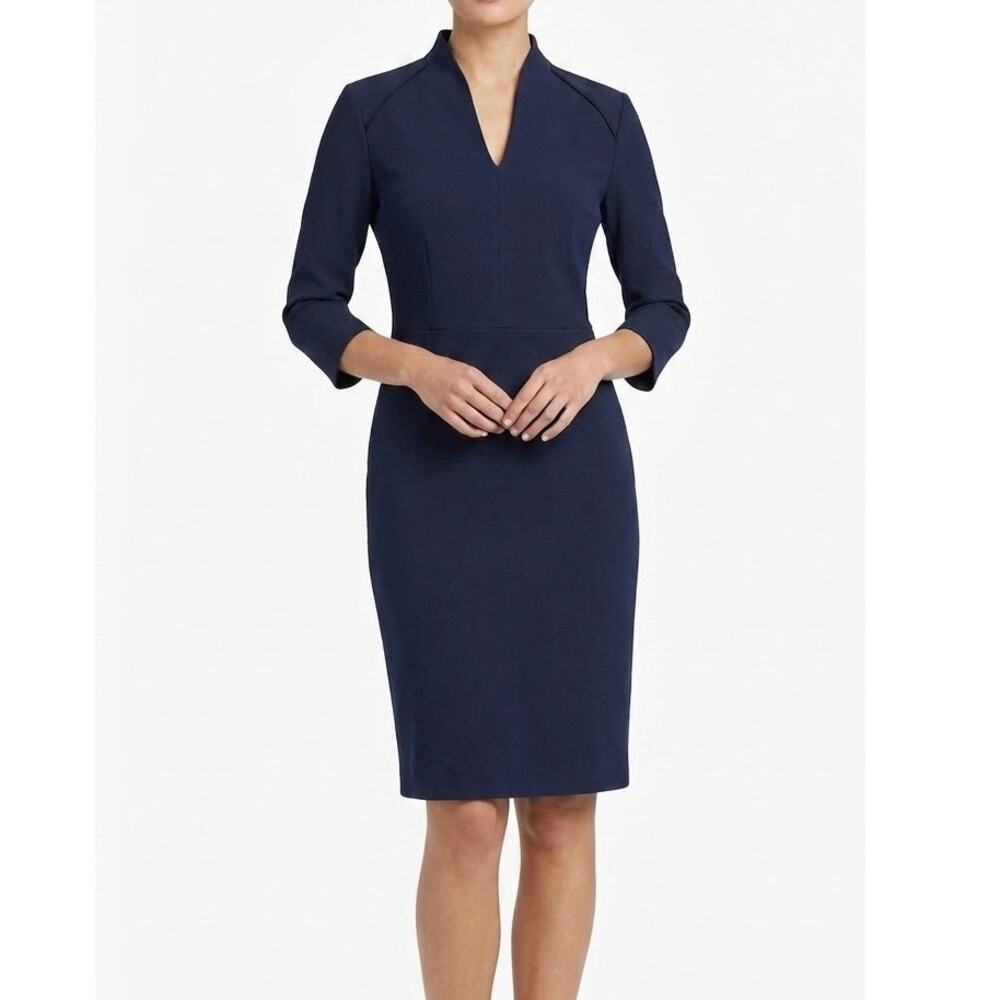 Carlisle New York Navy Blue Sheath Dress 3/4 Sleeve V-Neck Black Piping Size 4